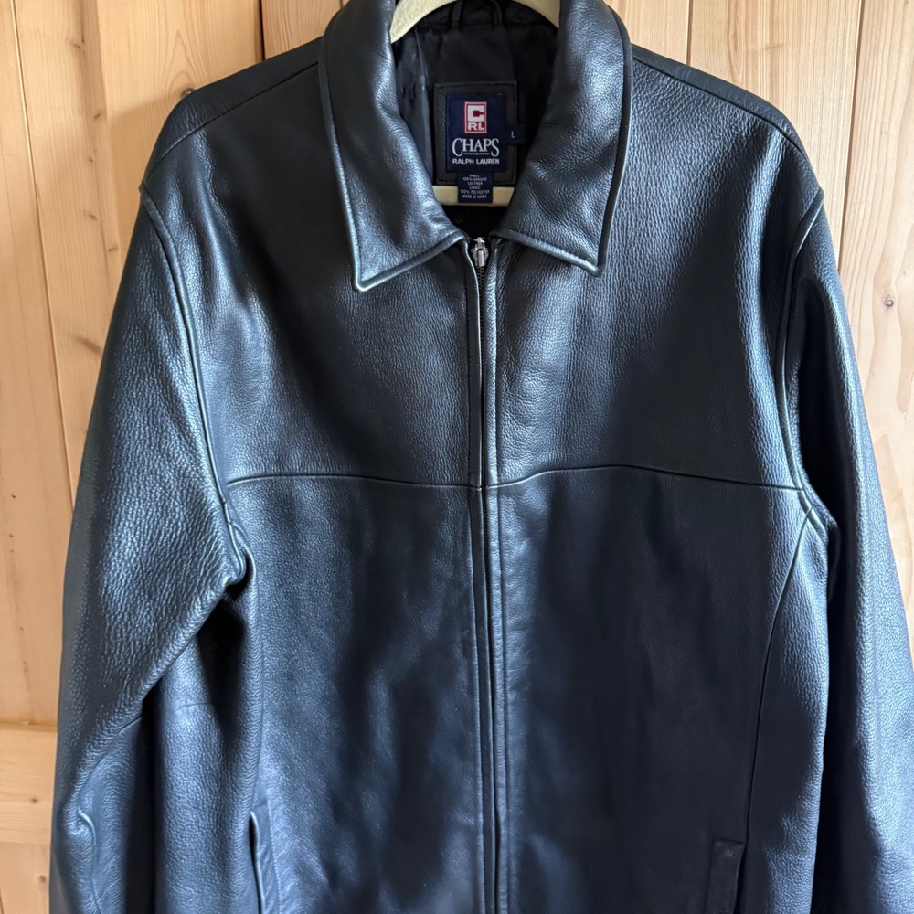 Chaps Ralph Lauren Mens Black Pebbled Leather Full Zip Jacket Coat Large